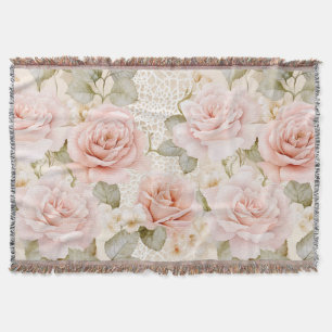 Crème Blush Roze Rozen Bloemrijke Bruiloftsdouche Deken