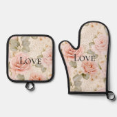 Crème Blush Rozen Bloemen Ovenwant & Pannenlap Set (Voorkant)