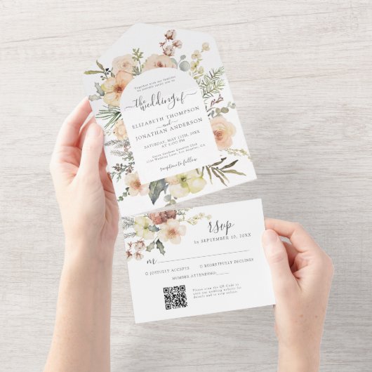 Crème Boho Kerst QR Code Winter Bloemen Huwelijk All In One Uitnodiging (Afscheurbaar)