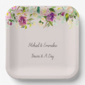 Crème Bourgogne Roze Bloemen Huwelijk Papieren Bordje (Voorkant)