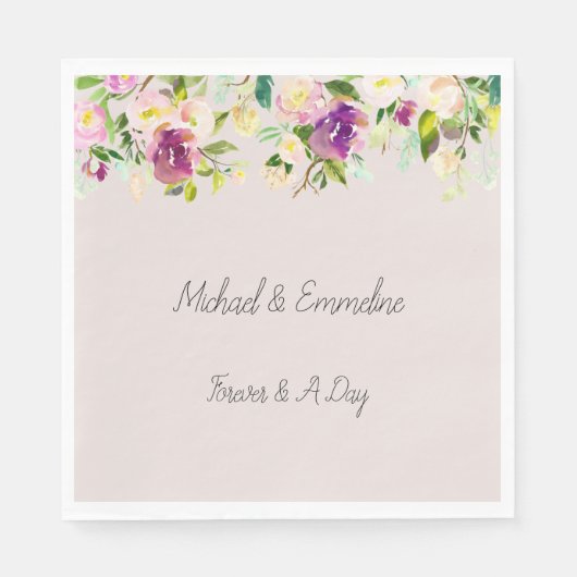 Crème Bourgogne Roze Bloemen Huwelijk Servet (Voorkant)