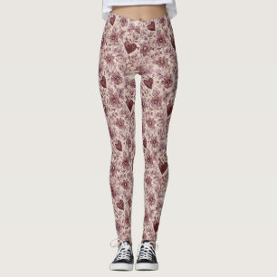 Crème Bourgondië Rode Harten Bloemen Leggings