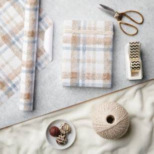 Crème Bruin Beige Blauwe Strepen Verjaardag Cadeaupapier