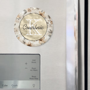 Crème Bruin Bloemmotief Goud Monogram Magneet