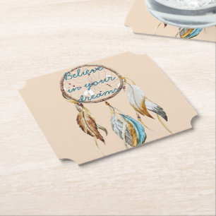 Crème Bruin Turquoise Witte Veren Droomvanger Kartonnen Onderzetters