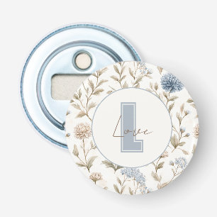 Crème Bruine Blauwe Bloemen Initiële Liefde Button Flesopener