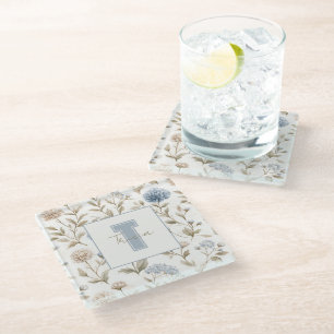 Crème Bruine Blauwe Bloemen Monogram Eerste Letter Glazen Onderzetter