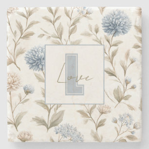 Crème Bruine Blauwe Bloemen Monogram Initiaal Lief Stenen Onderzetter