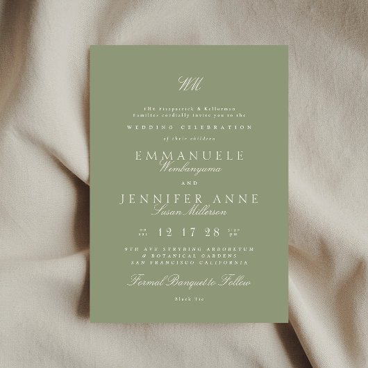 Crème Calligrafie Monogram Sage Green De bruiloft Kaart