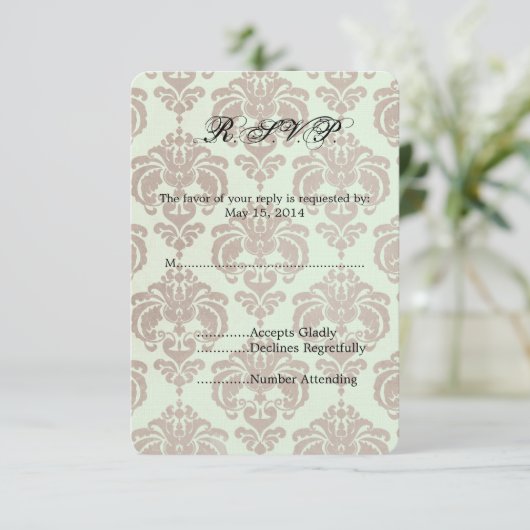 Crème Damask Bruiloft RSVP (Staand voorkant)
