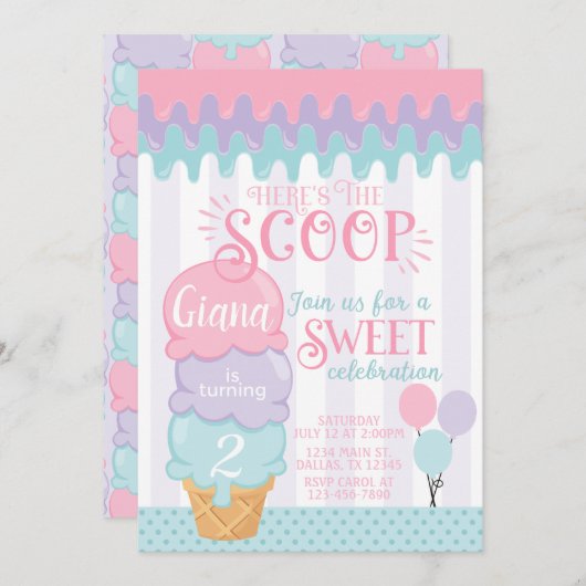 Crème de glace Anniversaire Fête Invitation Cône d (Devant / Derrière)
