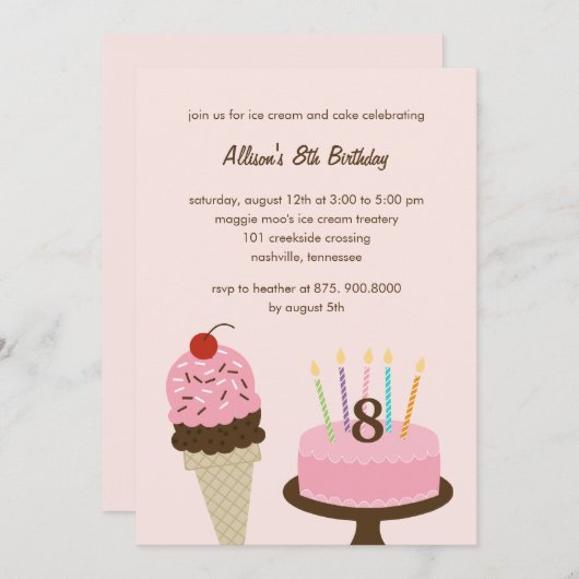 Crème de glace et gâteau Invitation d'anniversaire (Devant / Derrière)