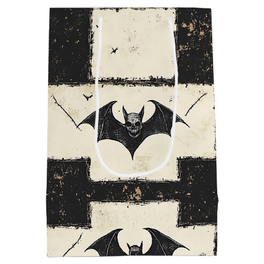 Crème Denim Grunge Patchwork met Vleermuizen (3) Medium Cadeauzakje (Achterkant)