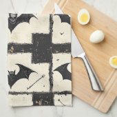 Crème Denim Grunge Patchwork met Vleermuizen (3) Theedoek (Quarter Fold)