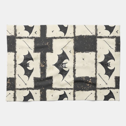 Crème Denim Grunge Patchwork met Vleermuizen (3) Theedoek (Horizontaal)