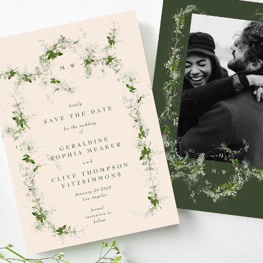 Crème Elegant Eucalyptus krans Monogram Foto Save The Date