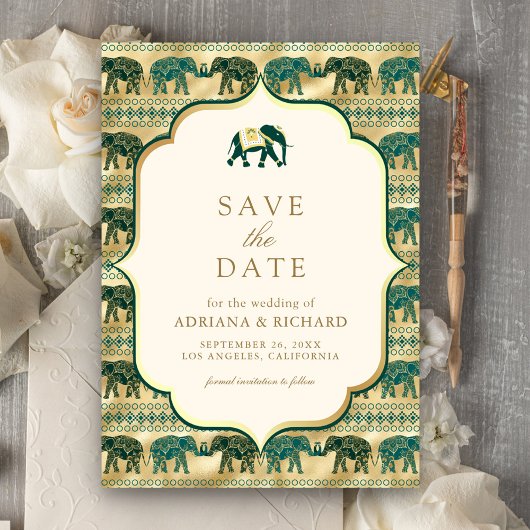 Crème Emerald Gold Elephant Indian Trouwfoto Save The Date