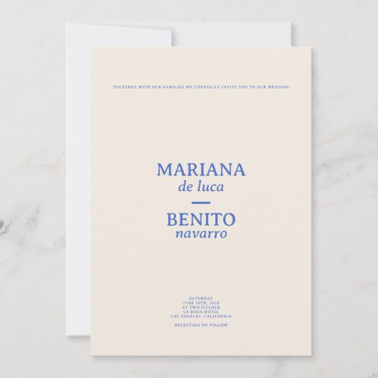 Crème en Blauw Moderne Minimalistische Fotobruilof Kaart (Voorkant)