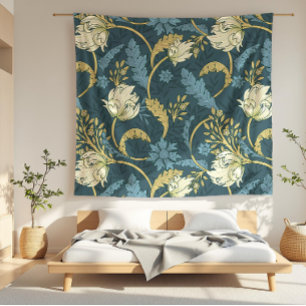 Crème en blauwe bloemen Art Nouveau Fleece Deken