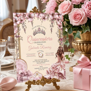 Crème en Blush Roze Tiara Bloemstuk Quinceañera Kaart