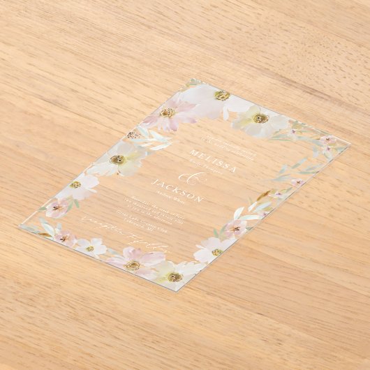 Crème en Blush Waterverf Flower Wedding Uitnodigen Acryl Uitnodigingen (Laagn)