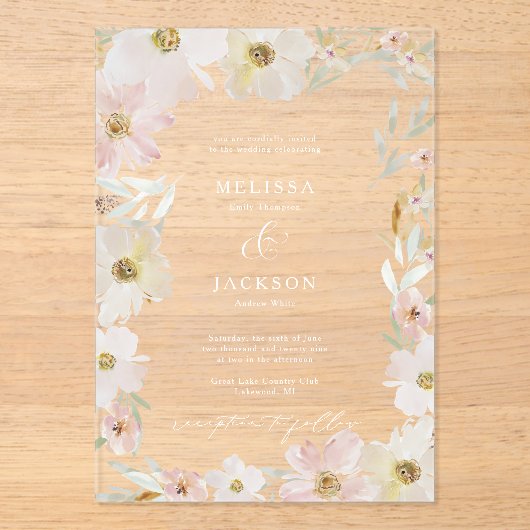 Crème en Blush Waterverf Flower Wedding Uitnodigen Acryl Uitnodigingen (Voorkant)