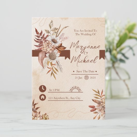Crème en Bruin Bloemen Waterverf Save the Date Kaart (Staand voorkant)