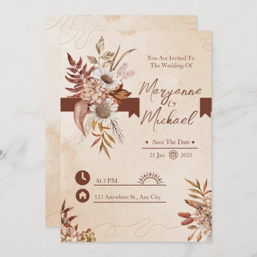 Crème en Bruin Bloemen Waterverf Save the Date Kaart (Voorkant / Achterkant)