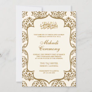 Crème en Gouden Damast Islamitische Mehndi Ceremon Kaart