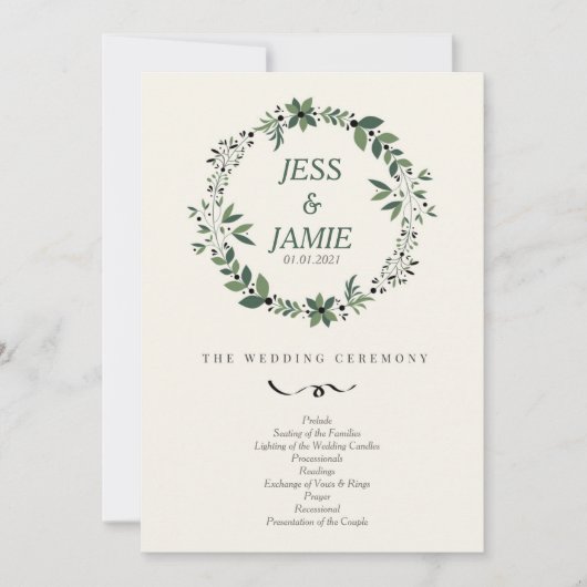 Crème en groene bruiloft programma (Voorkant)