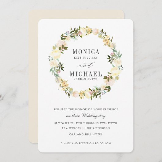 Crème en Ivoor | Botanische bloemkrans bruiloft Kaart (Voorkant / Achterkant)