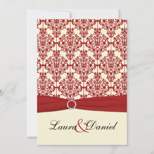 Crème en Rode Damast bruiloft uitnodiging (Voorkant)