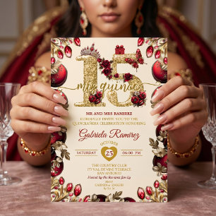 Crème en Rode Gouden Mis Quince 15 Quinceañera Kaart