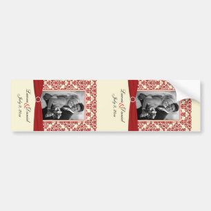 Crème en Rood Damask-fotosjabloon Wijnlabel Bumpersticker