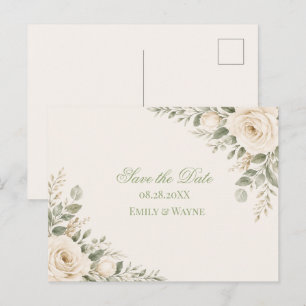 Crème en salie groene beplanting Save The Date Aankondigingskaart