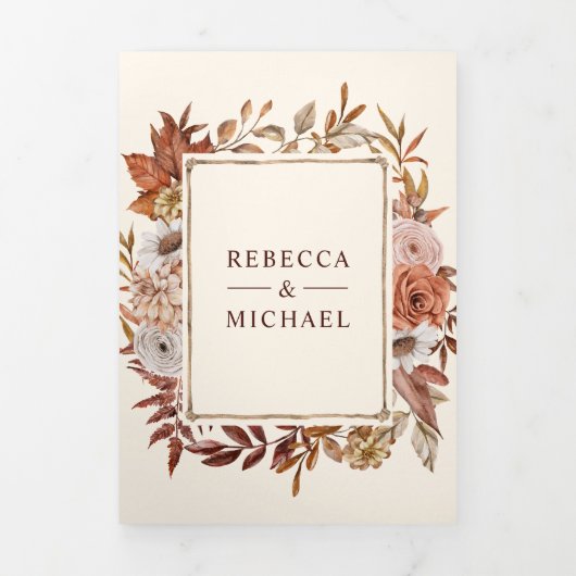 Crème en Terracotta Floral QR Code Weddenschap Drieluik Uitnodiging (Cover)