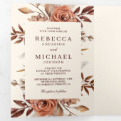 Crème en Terracotta Floral QR Code Weddenschap Drieluik Uitnodiging (Binnenzijde eerst)