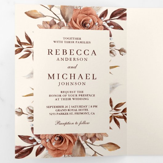 Crème en Terracotta Floral QR Code Weddenschap Drieluik Uitnodiging (Binnenzijde eerst)