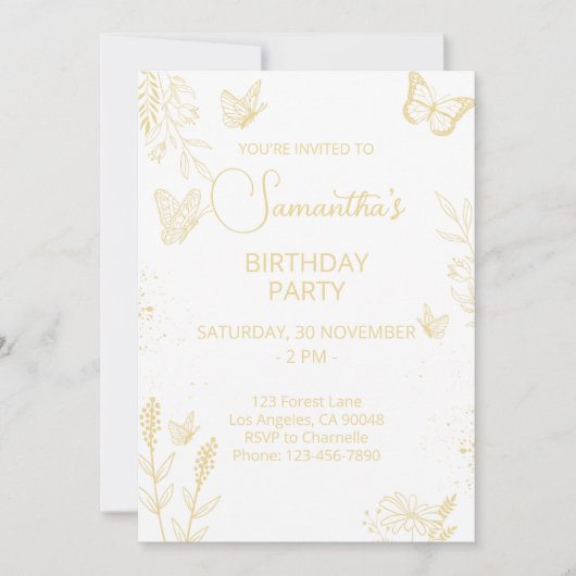 Crème et Papillon d'or Invitation d'anniversaire (Devant)