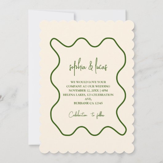 Crème et vert Simple Faire-part de mariage moderne (Dos)
