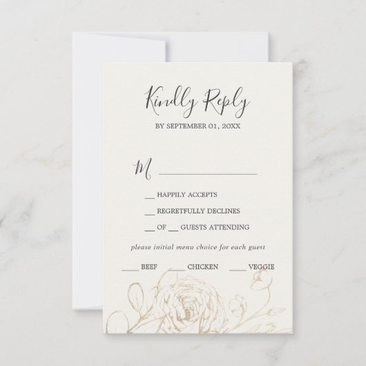 Crème florale dorée & or Faded Menu Choix RSVP (Devant)