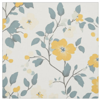 Crème Geel Blauw Botanisch Takpatroon Stof