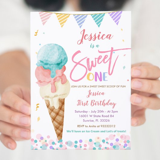 Crème glacée colorée Sweet One Birthday Invitation