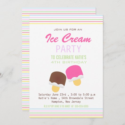 Crème glacée mignonne et rayures invitation de fêt (Devant / Derrière)