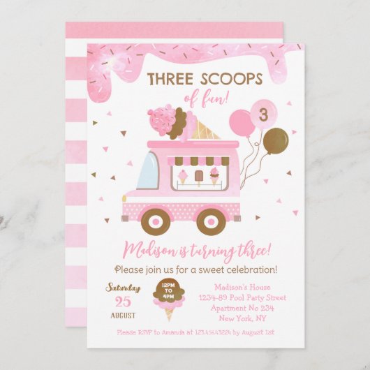 Crème glacée trois 3e Invitations d'anniversaire (Devant / Derrière)