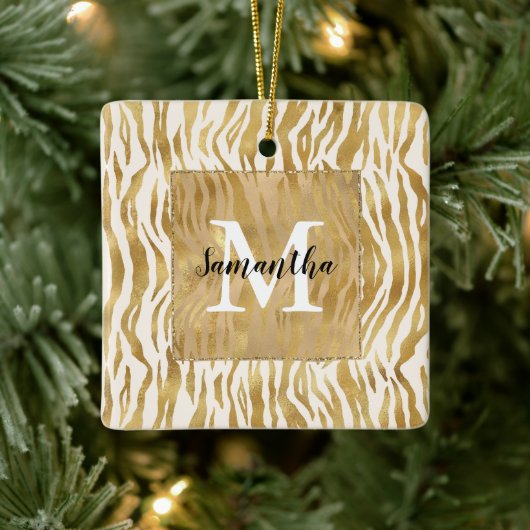 Crème Gold Zebra Print Monogram Keramisch Ornament (Boom)