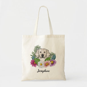 Crème Golden Retriever Kleurrijke Bloemen En Naam Tote Bag