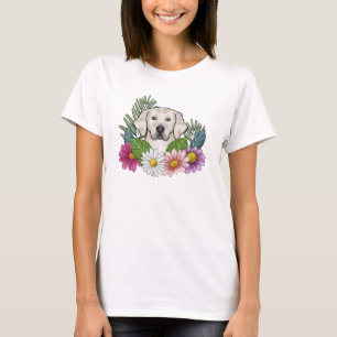 Crème Golden Retriever Kop Met Kleurrijke Bloemen T-shirt