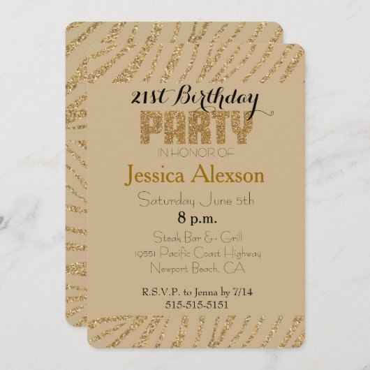 Crème Goud Zebraprint Nep Glitter 21e Verjaardag Kaart (Voorkant / Achterkant)