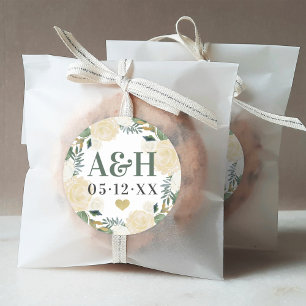 Crème Gouden Bloemige Groene Monogram Huwelijk Ronde Sticker